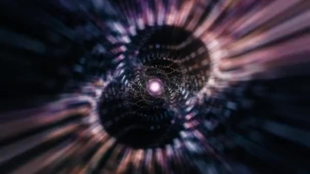 Tunnel vortex en treillis métallique violet brillant rayonnant abstrait avec scintillement de lumière à fusée optique centrale. 4K 3D rendu futuriste maille tunnel vj boucle transparente. Voler à travers la matrice de science-fiction brillant tourner