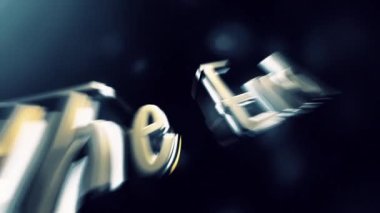 The End 3D Sinematik Başlık Karavanı animasyonu mavi arkaplanda giriş metni açıyor. 4K 3D illüstrasyon Beyaz bokeh efektli Bitiş altın metin başlık giriş arkaplan kavramı