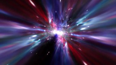 Abstract Interstellar flight, time travel jump in red blue hyper space with burst flare light warp.4K 3D Seamless Loop Hyper Tunnel or Wormhole Science Digital Background. Singularity, gravitational waves and spacetime