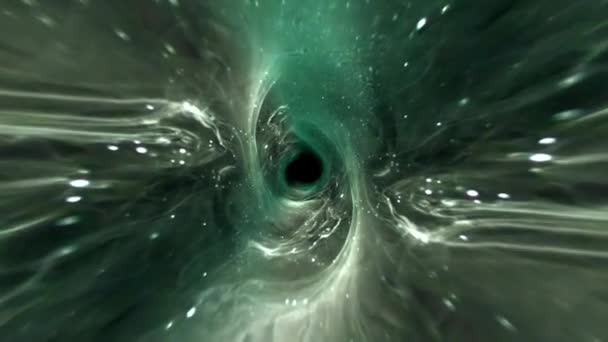 時空渦ループの背景を通して緑の雲ワームホールトンネルをグランジに飛ぶ 3Dレンダリングハイパースペースでワームホールを介してSci Fi星間旅行 概要雲星間飛行 — ストック動画