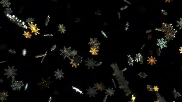Schleife Schöne Goldglänzende Silberne Schneeflocken Fließen Von Links Nach Rechts — Stockvideo