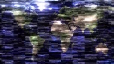 Soyut arıza efekti mor dünya haritası animasyonu arka plan için 3D canlandırma. Grunge ızgara desen arkaplan kavramına sahip soyut dünya haritası.