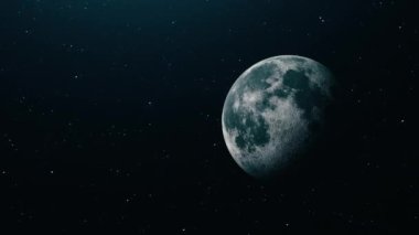 Mavi Ay Gerçekçi 4K 3D uzay görüşü. Parlayan yıldız parçacıkları animasyonu. Uzaydan gelen mavi ay. Kamera Dünya 'ya doğru uçuyor. Yıldızlar parıldıyor. Dünya üzerinde uçmak.