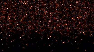 Güzel, parlak, kırmızı parçacıklar yanıp sönerek siyah arka plana düşüyorlar. 4K 3D canlandırma soyut arkaplan