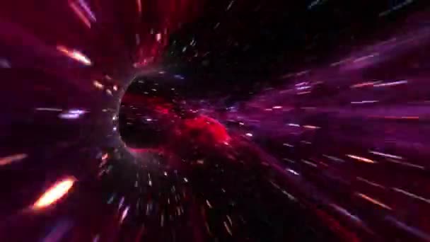 概要時間と空間のアニメーションによる暗赤色超空間ワープトンネル Loop Sci Fi星間旅行は ハイパースペース渦トンネル内のワームホールを通過します 要旨テレポーテーション速度ジャンプ — ストック動画