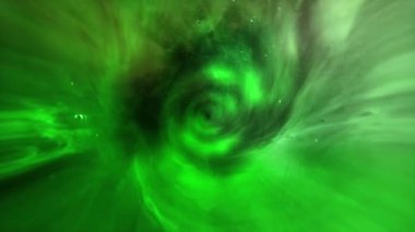 Soyut döngü parlayan yeşil Bulut Fırtına Tüneli Seyahat Animasyonu. 4K 3D soyut fırtınalı bulutları uçan parçacıklar ve sinematik animasyon arkaplanı ile görüntüle
