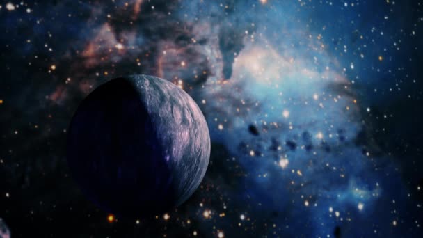 概要天の川銀河の中心部に向かって外側の宇宙空間を通る宇宙人の惑星探査 輝く星雲 星のフィールドを飛ぶの4Kループアニメーション — ストック動画