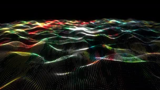 网状彩色未来粒子数字抽象技术的无缝环路奢华的闪光波粒流在黑色背景上 数字数据流的运动 大数据背景概念 — 图库视频影像