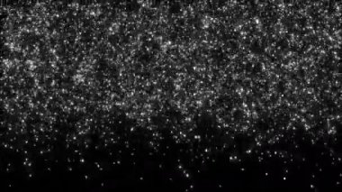 Siyah arkaplana düşen parlak beyaz parçacıklar yanıp sönüyor. 4K 3D canlandırma soyut arkaplan