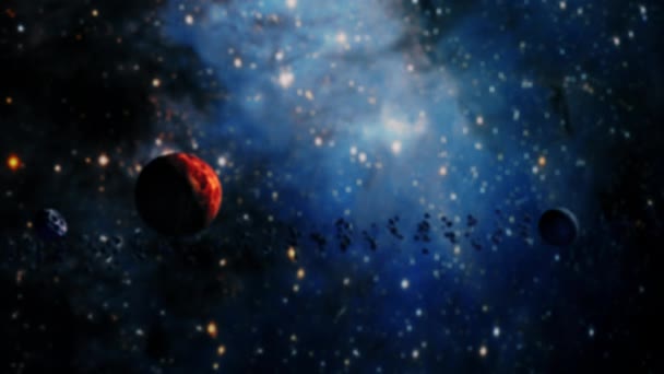 模糊的空间闪烁星系探索通过外太空朝向发光的银河作为抽象的背景 4K环路动画 在明亮的星云 云彩和星空中飞翔 — 图库视频影像