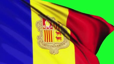 Yeşil ekran arka planında rüzgar dokusunda dalgalanan Andorra bayrağı. Andorra bayrağı rüzgarda dalgalanıyor.