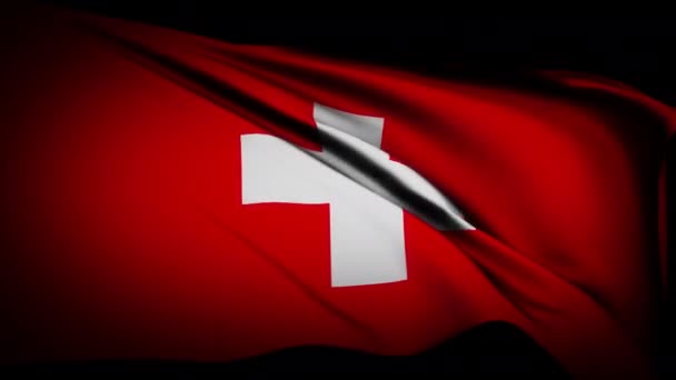어두운 배경에서 바람에 나부끼는 스위스 국기가 스위스 바람에 흔들어 — 비디오