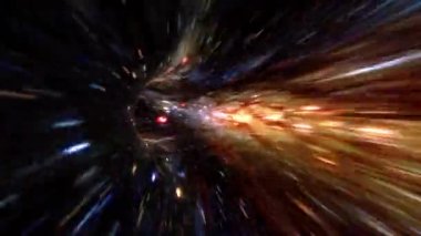 Soyut döngü parlayan uzay yıldızı hiperuzay hız tüneli zaman ve uzay animasyonu 4K 3D bilim kurgu yıldızları arası seyahat hiperuzay girdabı tünelinde. Soyut ışınlanma hızı sıçraması