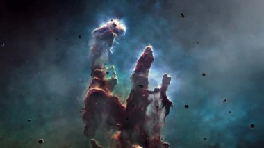 Galaksi uzay keşif uzay kaya scence Messier16 'da Kartal Nebulası. 4K parlayan nebula, bulutlar ve yıldız alanlarında uçmanın döngüsel animasyonu. 