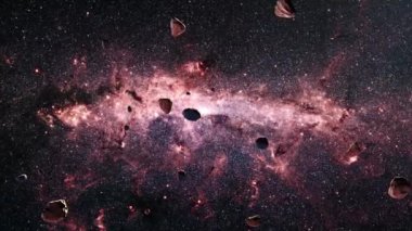 Galaksi uzay keşif uzay kaya scence Galaksi merkezi samanyolu Nebulası. 4K parlayan nebula, bulutlar ve yıldız alanlarında uçmanın döngüsel animasyonu. 