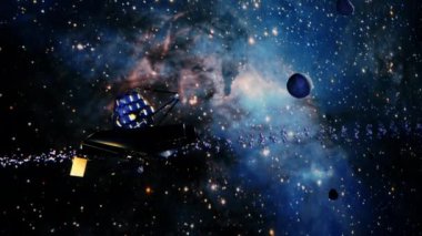 Nasa James Ağ Teleskobu ile galaksi keşfi. Dış uzayda Samanyolu galaksisinin merkezine doğru. 4K parlayan nebula, bulutlar ve yıldız alanlarında uçmanın döngüsel animasyonu. 