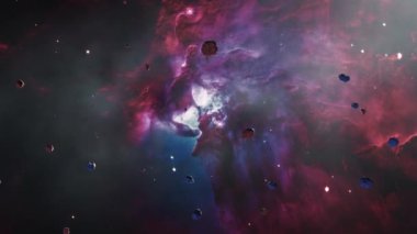 Galaksi uzay keşif uzay kaya kalıntısı Lagoon Nebulası 'nda. 4K parlayan nebula, bulutlar ve yıldız alanlarında uçmanın döngüsel animasyonu. 