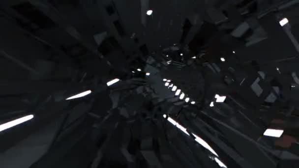 黑暗铰链技术机械能量涡旋隧道无缝线环路 黑白相间的光能隧道 3D渲染Sci Fi动画与闪光光点击技术催眠迷幻效果 — 图库视频影像