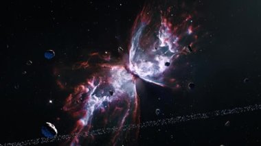 NGC6302 'de Galaksi Uzay Keşfi Uzay Kayası. 4K parlayan nebula, bulutlar ve yıldız alanlarında uçmanın döngüsel animasyonu. 