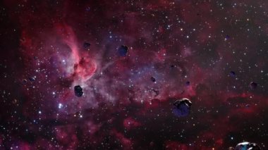 Büyük Carina Nebulası NGC 3372 'de Galaksi Uzay Keşfi Uzay Kayası manzarası. 4K parlayan nebula, bulutlar ve yıldız alanlarında uçmanın döngüsel animasyonu. 
