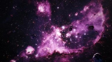 NGC 346 'da Galaksi Uzay Uçuş Uzay Kayası scence. 4K parlayan nebula, bulutlar ve yıldız alanlarında uçmanın döngüsel animasyonu. 