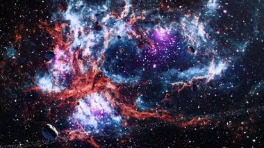 NGC 6357 Istakoz Bulutsusu 'nda Galaksi Uzay Keşfi Uzay Kayası scence. 4K parlayan nebula, bulutlar ve yıldız alanlarında uçmanın döngüsel animasyonu. 