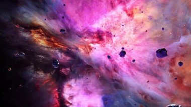 Galaksi uzay keşif uzay kaya scence Orion Nebula. 4K parlayan nebula, bulutlar ve yıldız alanlarında uçmanın döngüsel animasyonu.