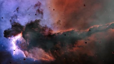 Galaksi uzay keşif uzay kaya scence Messier16 'da Kartal Nebulası. 4K parlayan nebula, bulutlar ve yıldız alanlarında uçmanın döngüsel animasyonu.