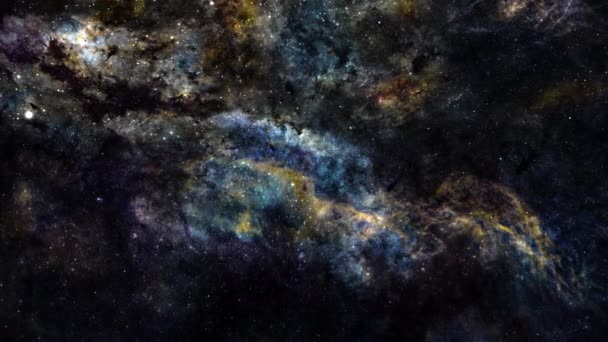 中天鹅座银河系的银河空间飞行探索 4K环路动画 在明亮的星云 云彩和星空中飞翔 — 图库视频影像