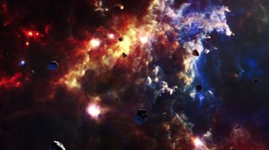 RosetteNebula 'da Galaksi Uzay Keşfi Uzay Kayası manzarası. 4K parlayan nebula, bulutlar ve yıldız alanlarında uçmanın döngüsel animasyonu.