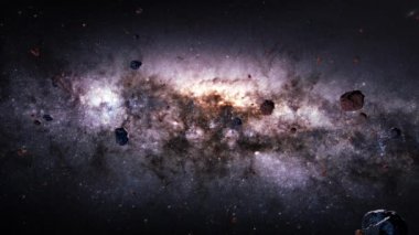 Galaxy space flight exploration space rock scence at NGC 4631 the Whale galaxy . 4K looping animation of flying through glowing nebulae, clouds and stars field.