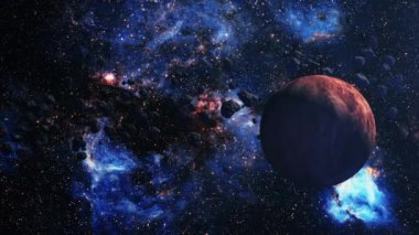 Uzay manzarası soyut uzaylı gezegen keşfi dış uzayda parlayan Samanyolu Galaksisi 'nin merkezine doğru. 4K parlayan nebula, bulutlar ve yıldız alanlarında uçmanın döngüsel animasyonu.