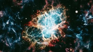 Yengeç bulutsusu NGC 1952 uzay nebulası derin uzayda yolculuk keşfi. Yengeç Nebulasına Uçuş Pulsar süpernova galaksisi animasyonu. Yıldız alanlarında ve galaksilerde seyahat etmek. 