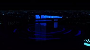 NFT 3D word cinematic Hitech on stage. 4K 3D render seamless loop NFT neon blue text abstract background. Ending cover for end scence trailer.