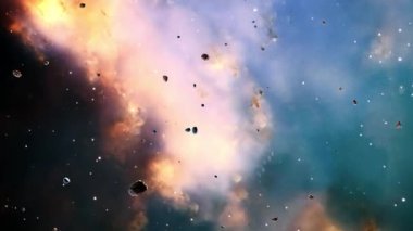 Messier 27 'de bulunan Galaksi Uzay Keşfi Uzay Kayası Bulutsusu. 4K parlayan nebula, bulutlar ve yıldız alanlarında uçmanın döngüsel animasyonu.