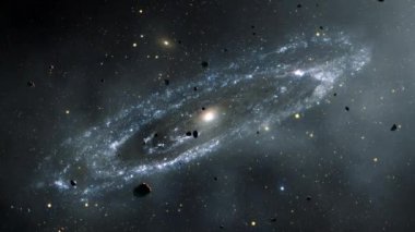 Galaxy Space flight exploration space rock scence  through outer space at Messier 31. 4K looping animation of flying through glowing nebulae, clouds and stars field.