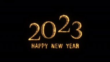 Happy New Year 2023 golden shine flickering text animation on black background. Happy New Year text with looping flickering gold glowing light texture.