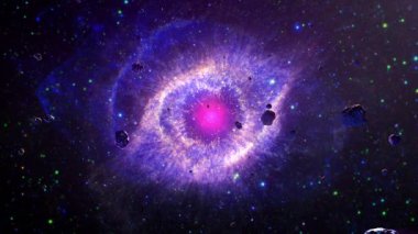 Galaxy Space flight exploration space rock scence  through outer space at The Helix Nebula. 4K looping animation of flying through glowing nebulae, clouds and stars field.