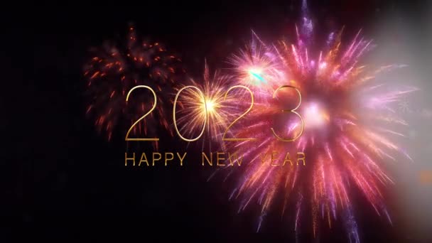 2023 Счастливого Нового Года Золотой Световой Эффект Текст Множеством Взрывающихся — стоковое видео