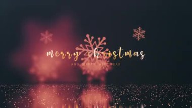 Golden text of Merry Christmas and Happy New Year looped animation with flow snowflakes, glowing flare light leak illumination, glitter gold elements 