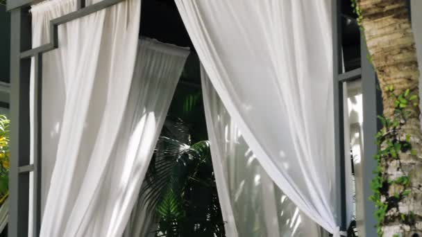 Wind Blowing White Curtain Tropical Garden — Vídeo de Stock