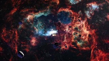 Galaxy Space flight exploration space rock scence  through outer space at NGC 6357 The Lobster Nebula . 4K looping animation of flying through glowing nebulae, clouds and stars field.
