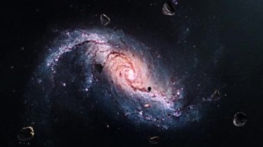 Galaxy Space flight exploration space rock scence  through outer space at NGC 1672 Barred Spiral Galaxy. 4K looping animation of flying through glowing nebulae, clouds and stars field.