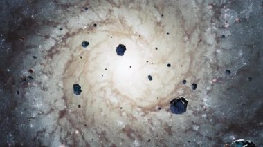Galaxy Space flight exploration space rock scence  through outer space at NGC 1672 Barred Spiral Galaxy. 4K looping animation of flying through glowing nebulae, clouds and stars field.
