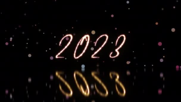 2023 Щасливий Новорічний Блискучий Мерехтливий Текст Пастельними Частинками Боке Течуть — стокове відео