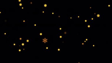 Gece yıldızlı gökyüzü, kayan altın sarısı kar taneleri, siyah arka planda hareket ediyor. Quicktime Apply prores 444 kullanarak alfa kanallı transparan video animasyon metni. Kış mevsimi için yeni yıl temalı arka plan Noel kar yağışı eğilimi 