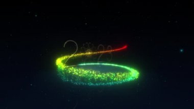 2023 mutlu noeller ve mutlu yeni yıl altın parıltısı renkli neon parçacıkları animasyonuyla yanıp sönen metin. Güzel sinematik başlık soyut arkaplan