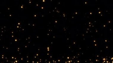 Parıldayan parlak altın yıldız parçacıkları siyah soyut arka planda yüzerler. 4K 3D kusursuz döngü animasyonu. Kış tatili konsepti, Mutlu Noeller, yeni yıl, düğün, kutlama 