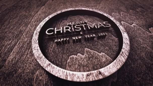 Καλά Χριστούγεννα Και Ευτυχισμένο Νέο Έτος 2023 Αστραφτερό Κείμενο Ξύλο — Αρχείο Βίντεο