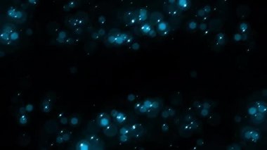Mavi parlayan yıldız baloncukları siyah soyut arkaplanda yüzer. 4K 3D kusursuz döngü animasyonu. Kış tatili konsepti, Mutlu Noeller, yeni yıl, düğün, kutlama 
